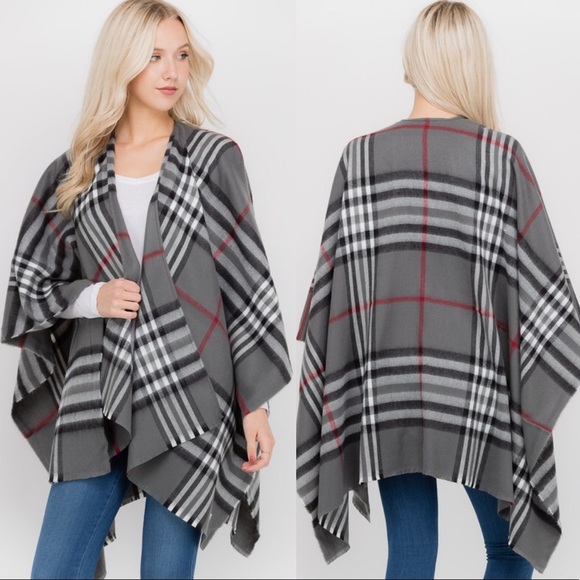 Classic Plaid Poncho Cardigan Scarf Wrap - Picture 7 of 8